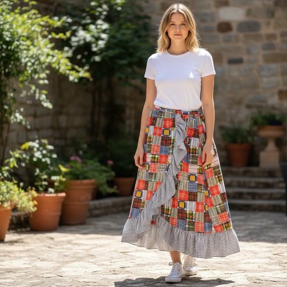 Miss Pat Dresses & Skirts - Vintage 70's Patchwork Plaid Ruffle Midi Skirt Boho Romantic Folk, High Waist